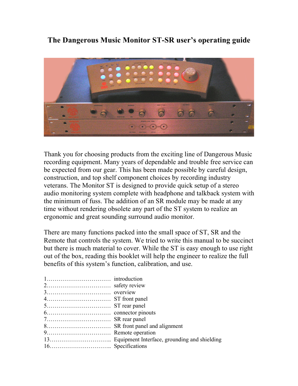 Dangerous Music SR Monitor User Manual | 16 pages