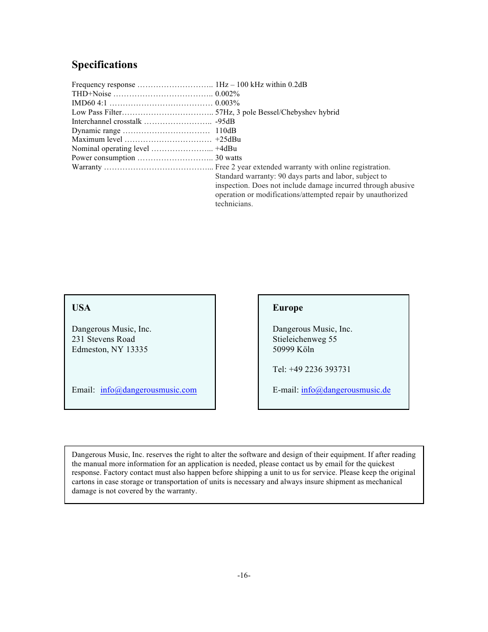 Specifications | Dangerous Music SR Monitor User Manual | Page 16 / 16