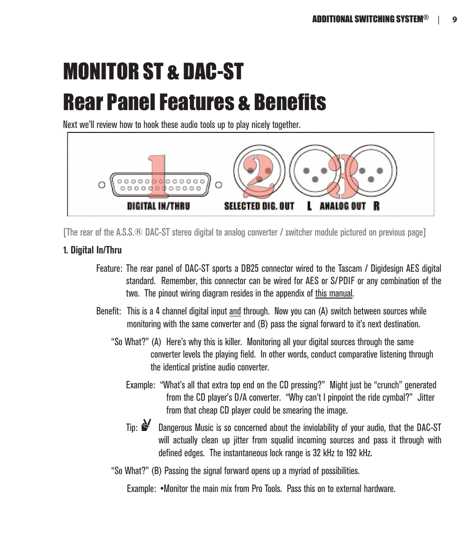 Monitor st & dac-st rear panel features & benefits | Dangerous Music Additional Switching System User Manual | Page 11 / 30