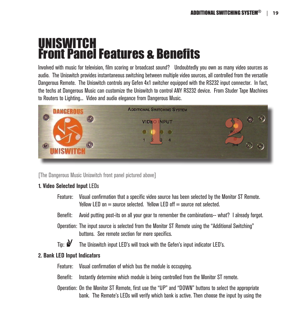 Uniswitch front panel features & benefits | Dangerous Music Additional Switching System User Manual | Page 21 / 30