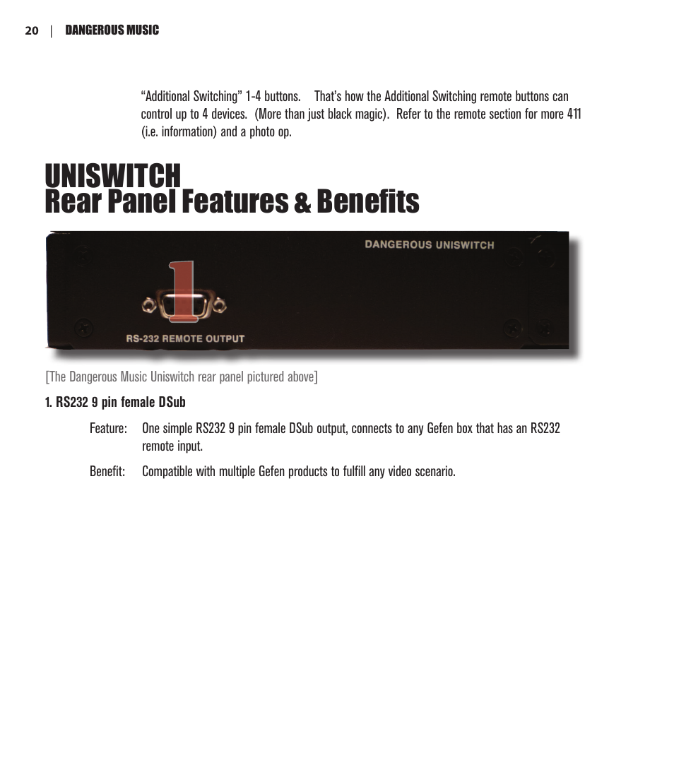 Uniswitch rear panel features & benefits | Dangerous Music Additional Switching System User Manual | Page 22 / 30