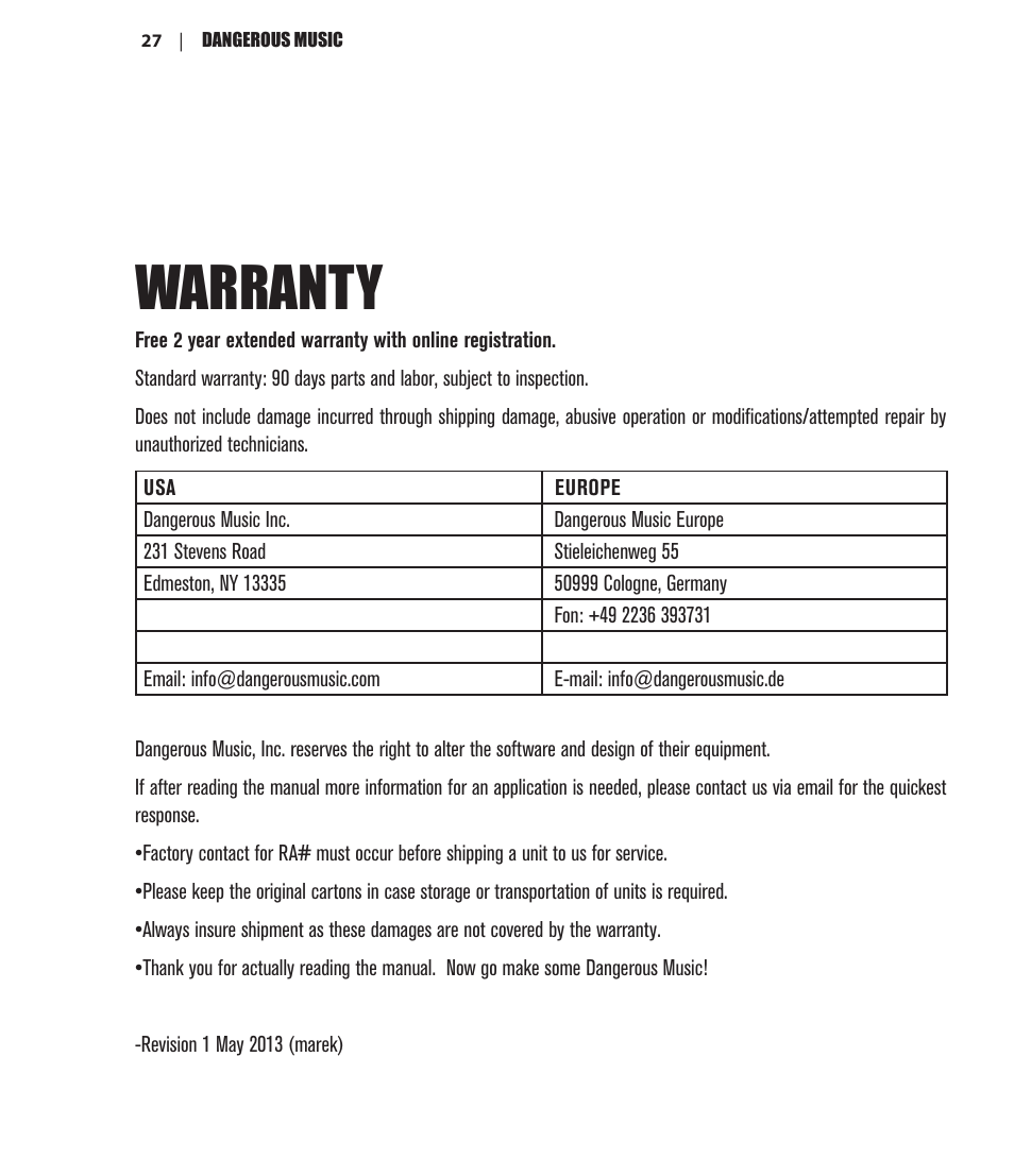 Warranty | Dangerous Music Additional Switching System User Manual | Page 29 / 30
