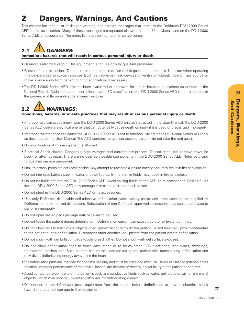 Dangers, warnings, and cautions, 1 dangers 2.2 warnings, Caution | Danger, Warning, 2dangers, warnings, and cautions | Defibtech DDU-2450 Series User Manual User Manual | Page 11 / 65