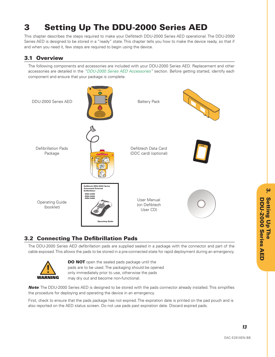 Setting up the ddu-2000 series aed, 1 overview 3.2 connecting the defibrillation pads | Defibtech DDU-2450 Series User Manual User Manual | Page 13 / 65