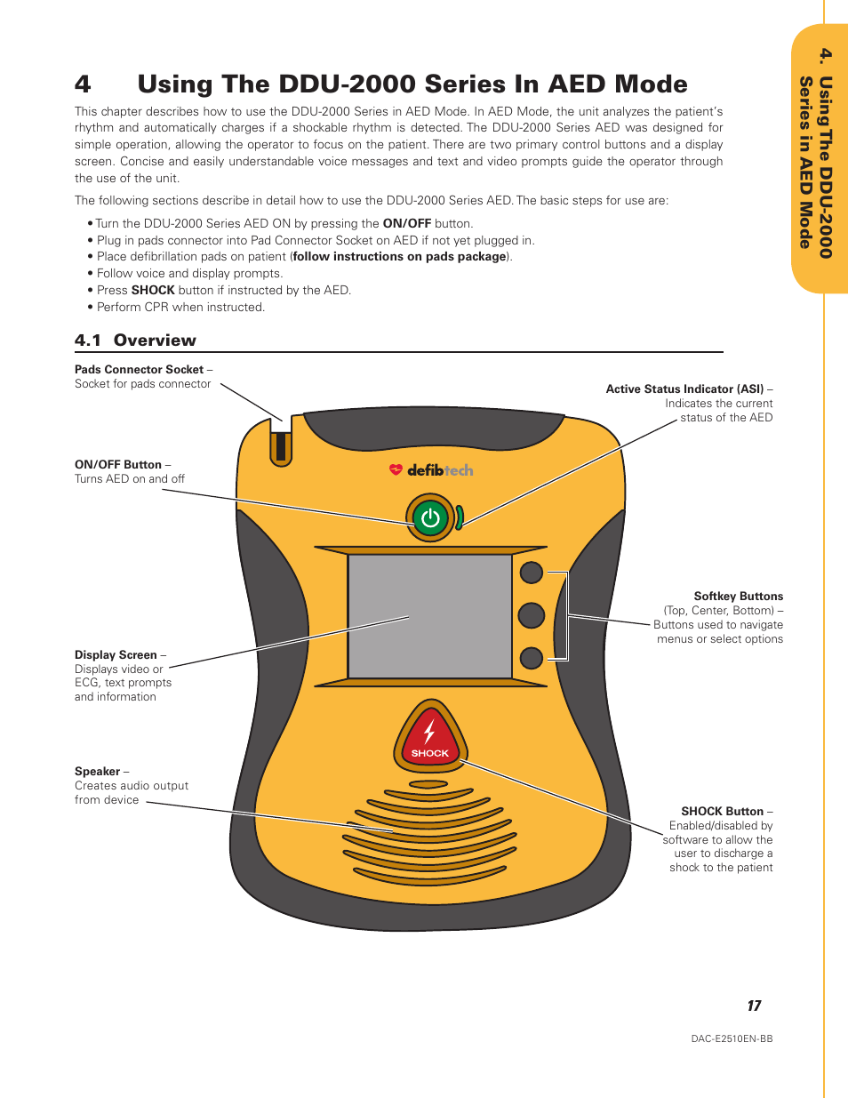 Using the ddu-2000 series in aed mode, 1 overview | Defibtech DDU-2450 Series User Manual User Manual | Page 17 / 65