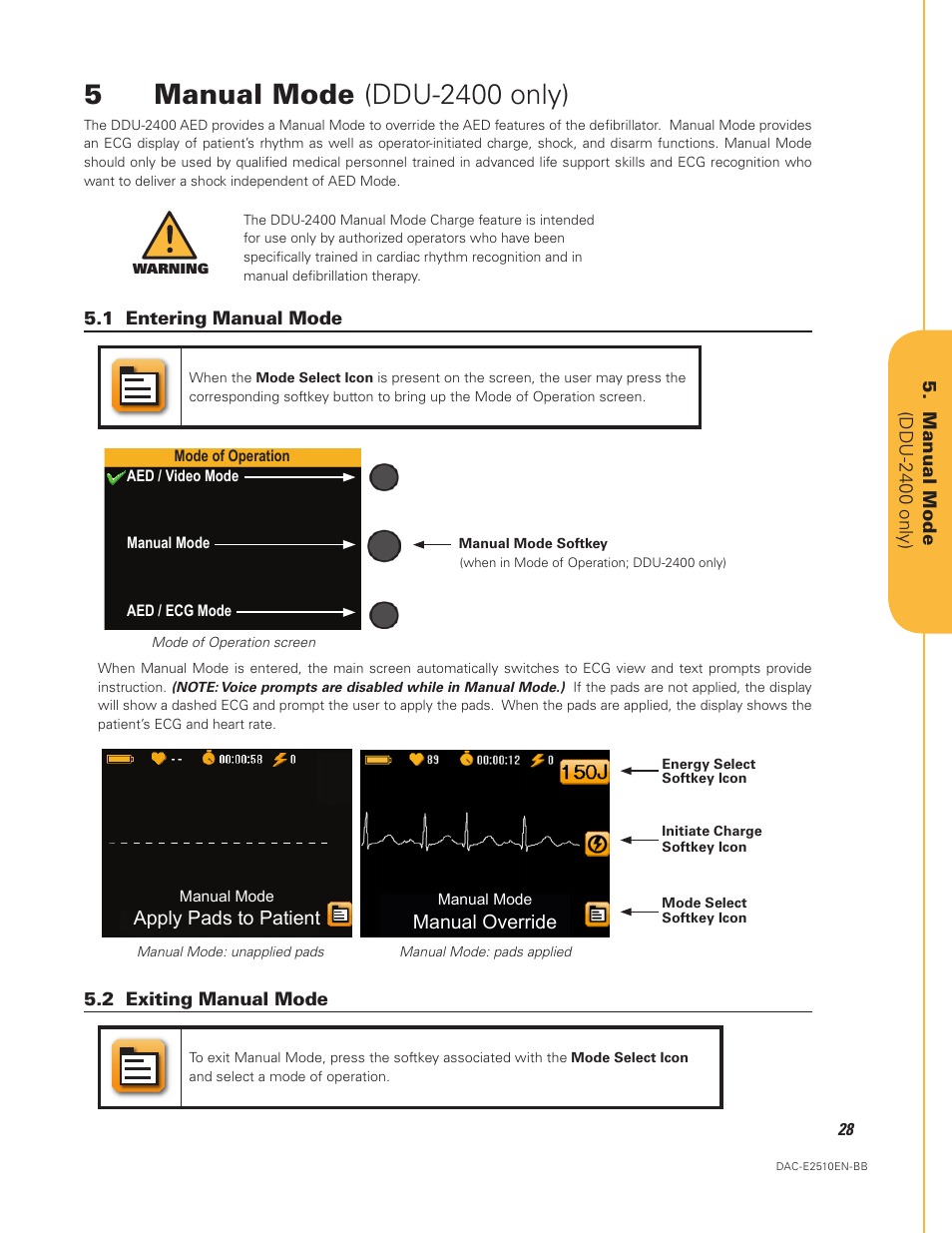 Manual mode (ddu-2400 only), 1 entering manual mode 5.2 exiting manual mode | Defibtech DDU-2450 Series User Manual User Manual | Page 28 / 65