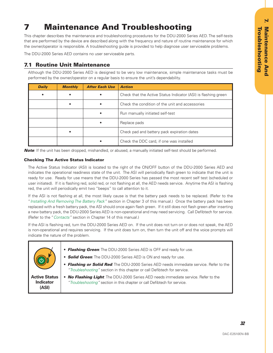 Maintenance and troubleshooting, 1 routine unit maintenance, 7maintenance and troubleshooting | Defibtech DDU-2450 Series User Manual User Manual | Page 32 / 65