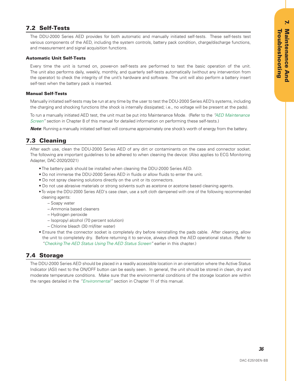 2 self-tests 7.3 cleaning 7.4 storage, Er to the, Self-tests | Cleaning | Defibtech DDU-2450 Series User Manual User Manual | Page 36 / 65