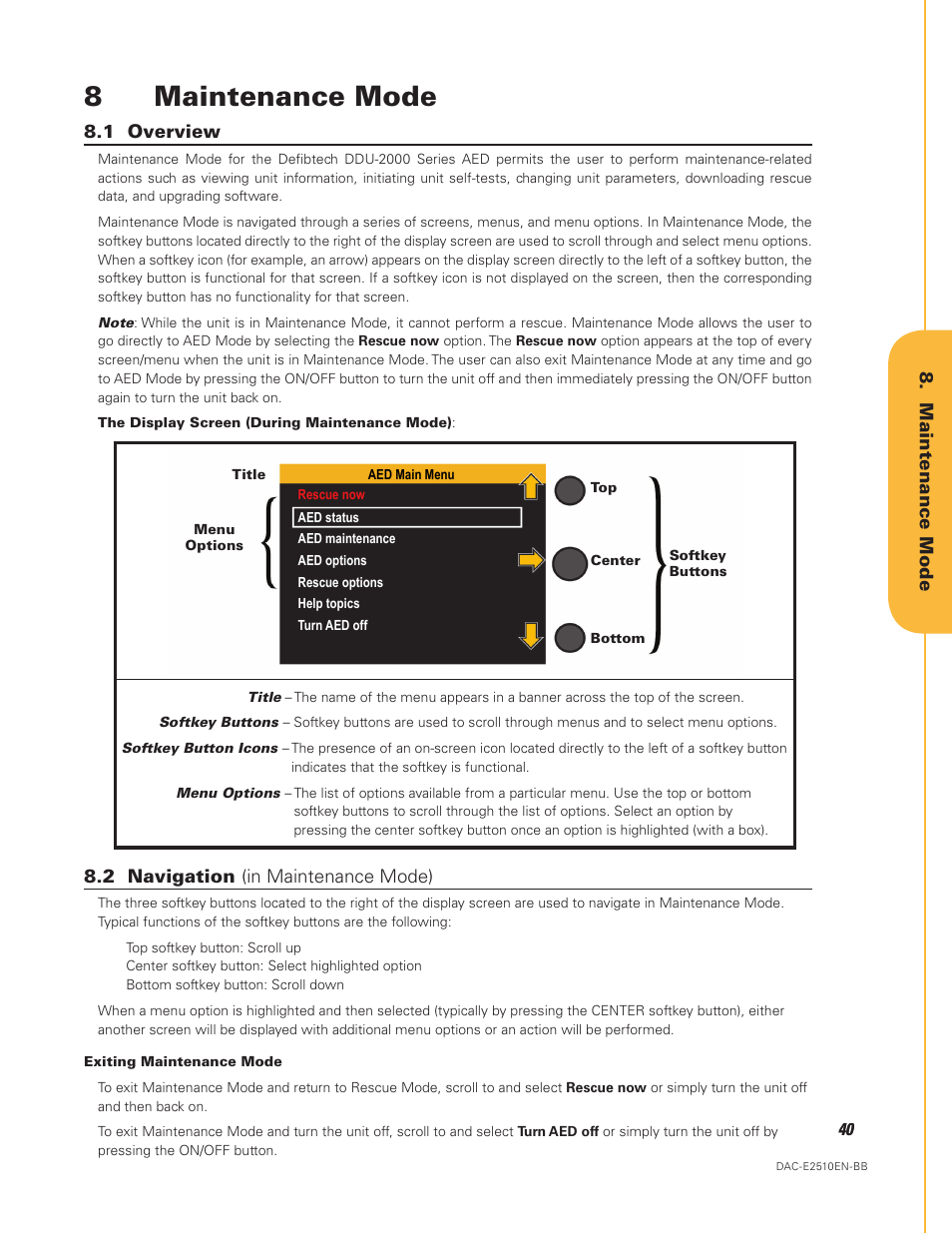 Maintenance mode, 1 overview 8.2 navigation (in maintenance mode), 8maintenance mode | Defibtech DDU-2450 Series User Manual User Manual | Page 40 / 65