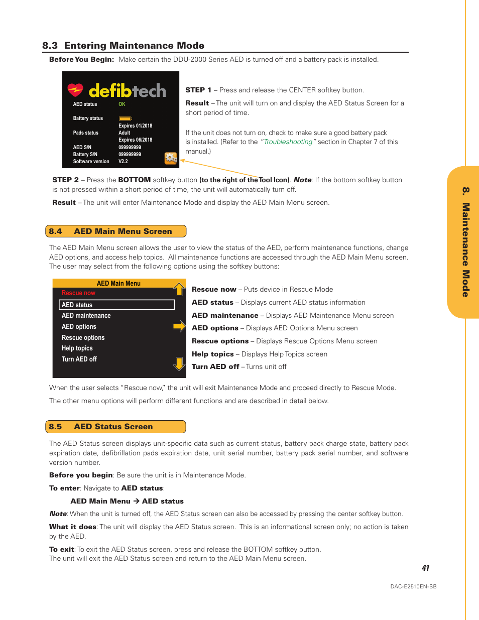 Aed status screen, 3 entering maintenance mode, Maintenance mode | Defibtech DDU-2450 Series User Manual User Manual | Page 41 / 65