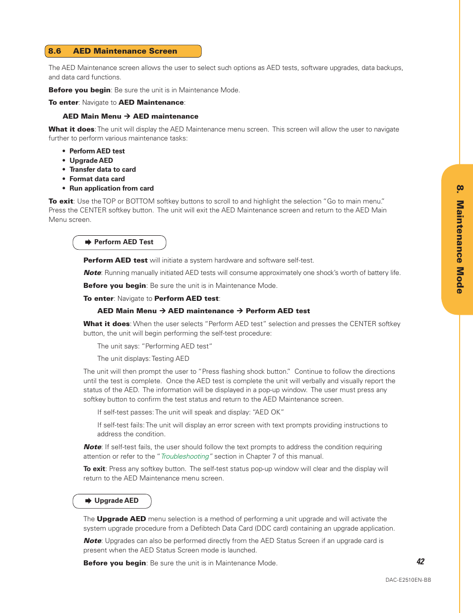 6 aed maintenance screen, Aed maintenance, Screen | Maintenance mode | Defibtech DDU-2450 Series User Manual User Manual | Page 42 / 65
