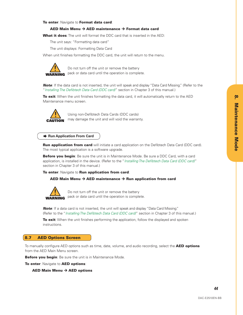 7 aed options screen, Maintenance mode | Defibtech DDU-2450 Series User Manual User Manual | Page 44 / 65