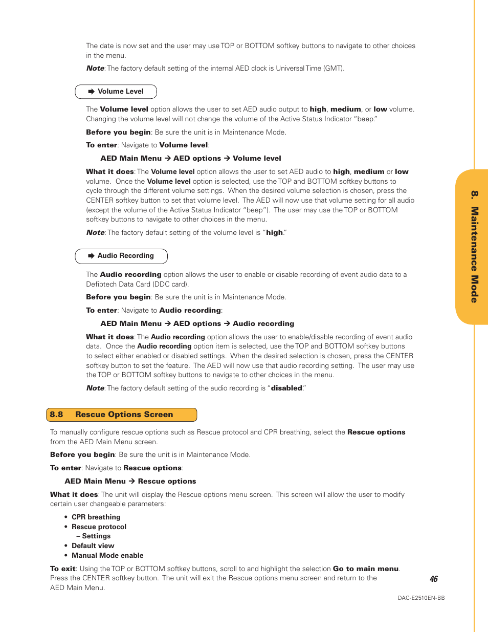 8 rescue options screen, Maintenance mode | Defibtech DDU-2450 Series User Manual User Manual | Page 46 / 65