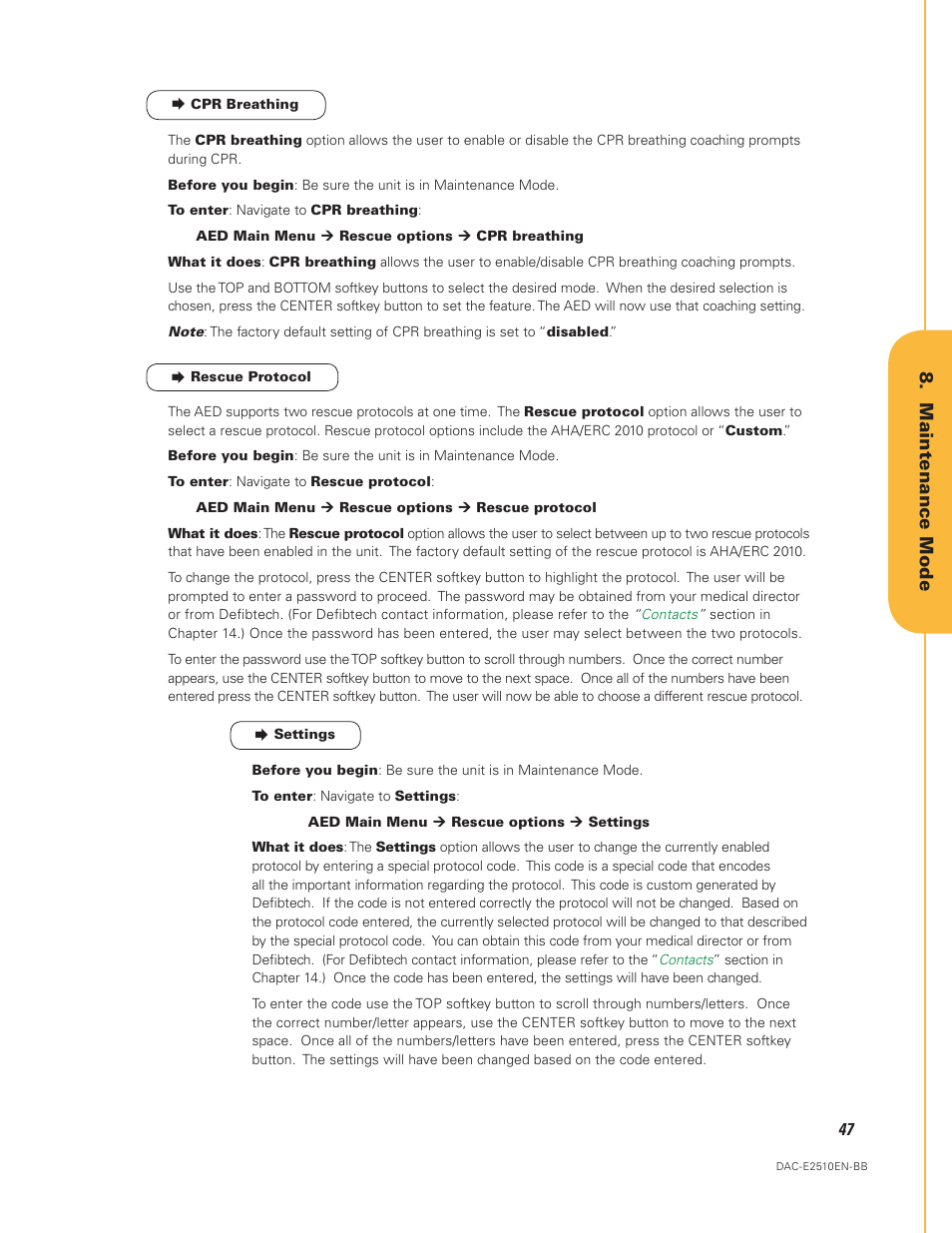 Cpr breathing, Section in chapter 8 of this manual.), Maintenance mode | Defibtech DDU-2450 Series User Manual User Manual | Page 47 / 65