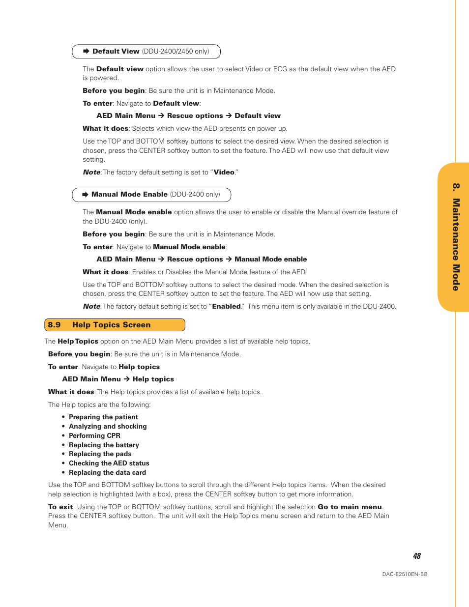 9 help topics screen, Maintenance mode | Defibtech DDU-2450 Series User Manual User Manual | Page 48 / 65