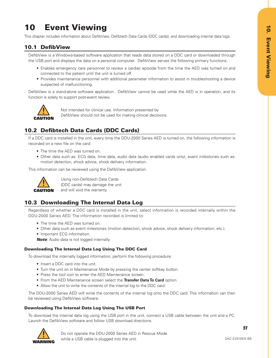 10 event viewing, Downloading the internal data log | Defibtech DDU-2450 Series User Manual User Manual | Page 51 / 65