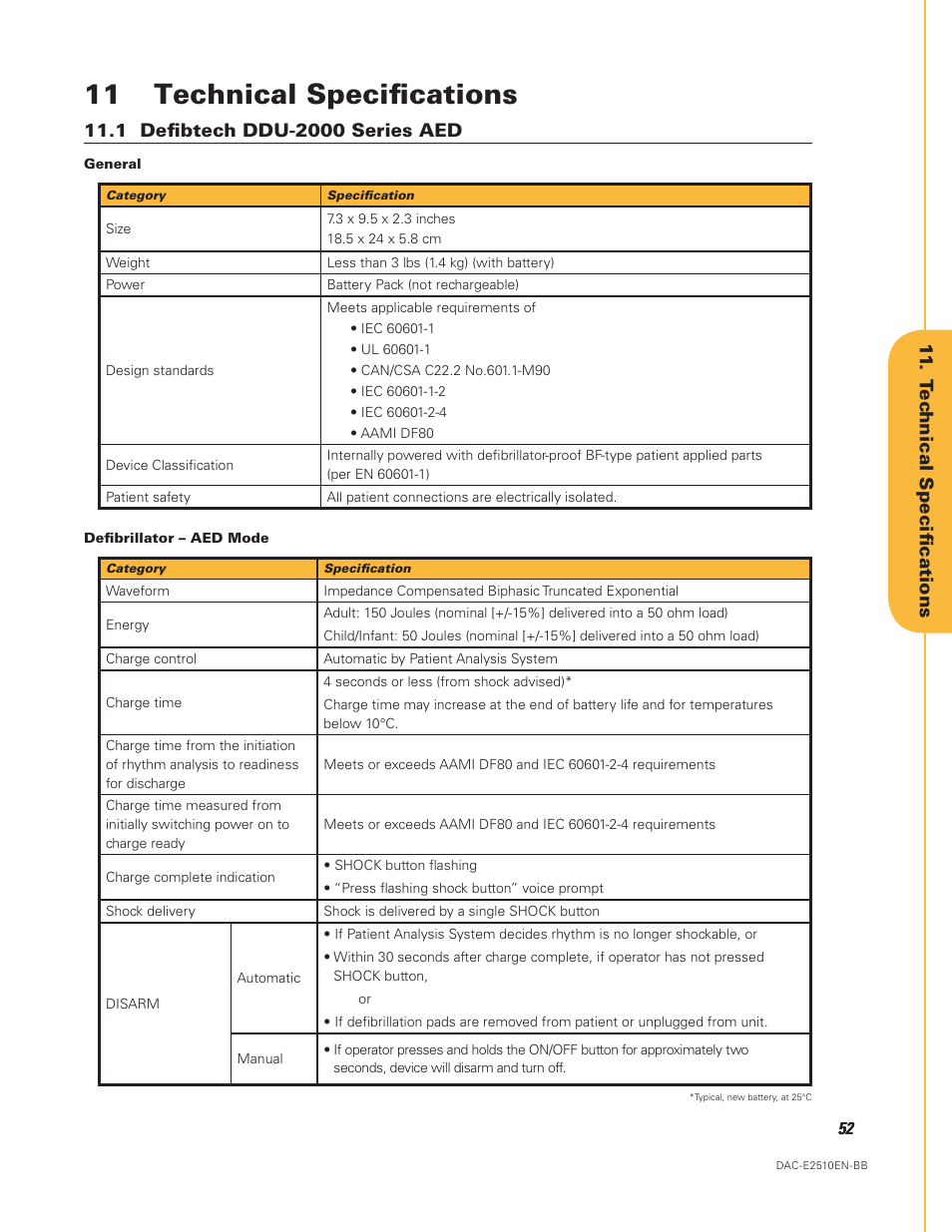 11 technical specifications, 1 defibtech ddu-2000 series aed, 11 . tec hnical specifications | Defibtech DDU-2450 Series User Manual User Manual | Page 52 / 65