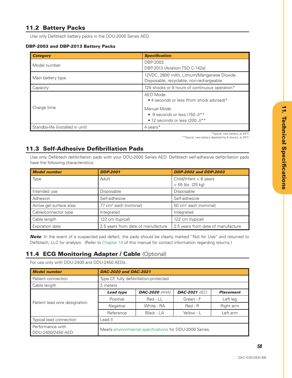 2 battery packs, 3 self-adhesive defibrillation pads, 4 ecg monitoring adapter / cable (optional) | 11 . tec hnical specifications | Defibtech DDU-2450 Series User Manual User Manual | Page 58 / 65