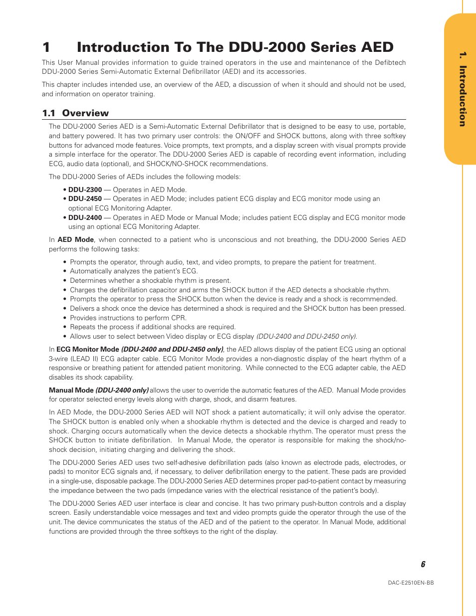 Introduction to the ddu-2000 series aed, 1 overview | Defibtech DDU-2450 Series User Manual User Manual | Page 6 / 65