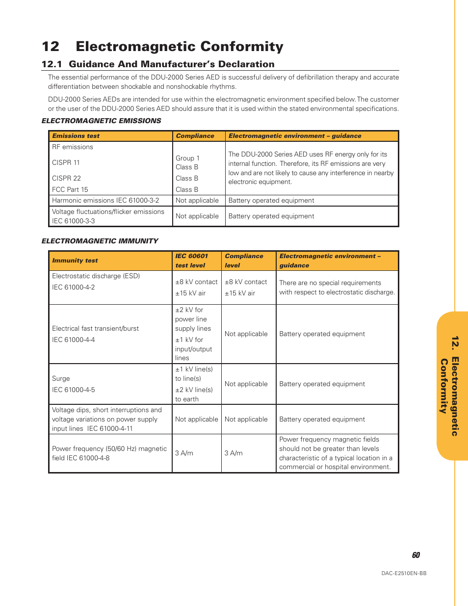 12 electromagnetic conformity, 1 guidance and manufacturer’s declaration, Electr omagnetic conf ormity | Defibtech DDU-2450 Series User Manual User Manual | Page 60 / 65