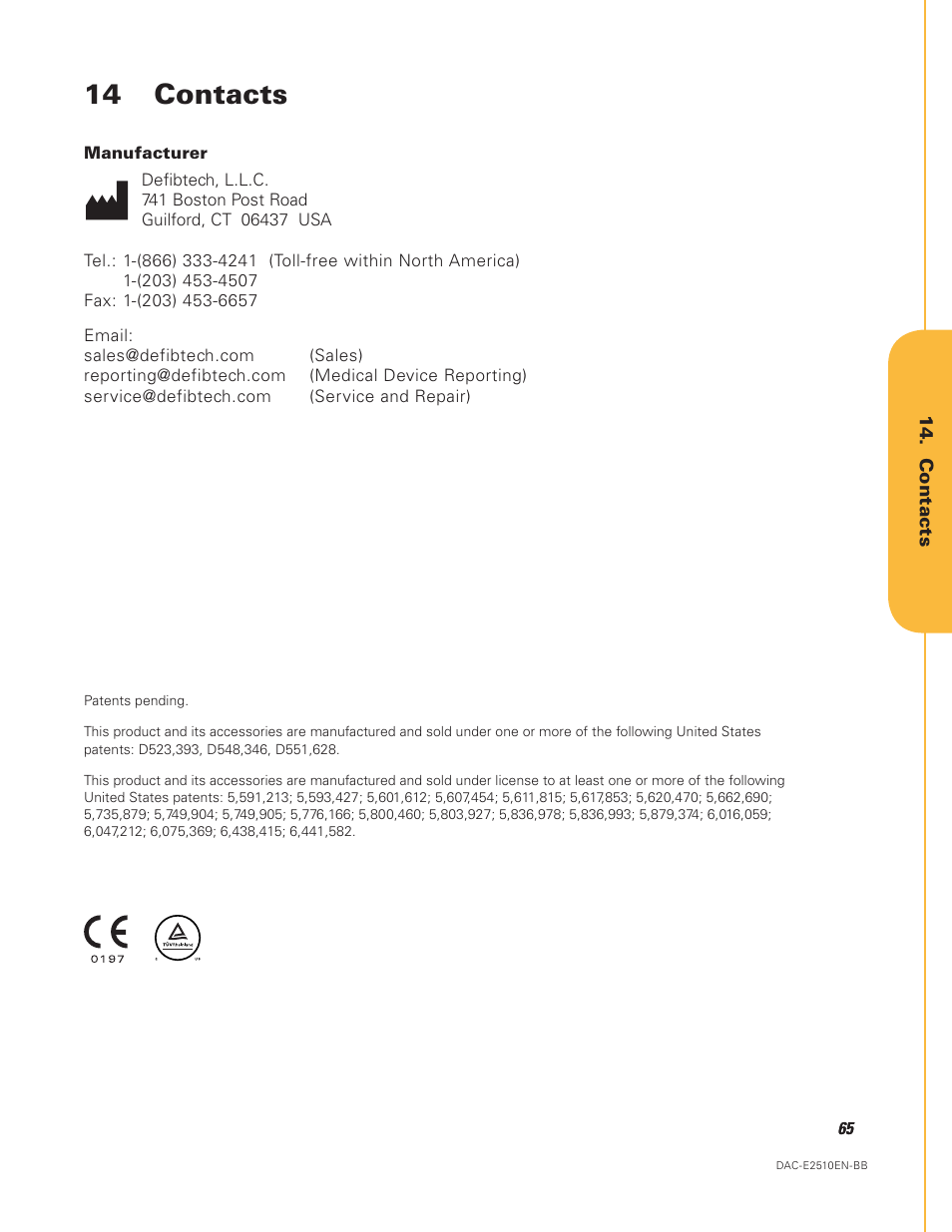 14 contacts, Contacts, Section in | Chapter 14, Of this manual f | Defibtech DDU-2450 Series User Manual User Manual | Page 65 / 65