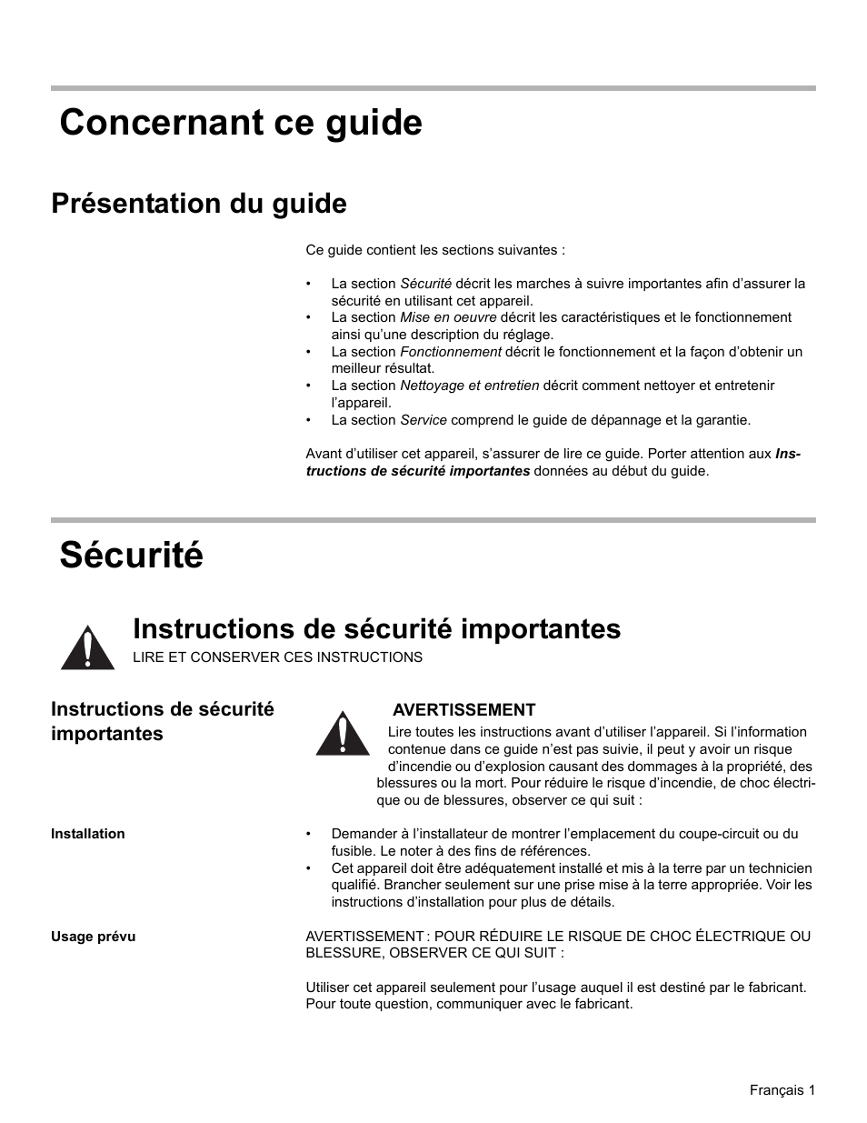 Concernant ce guide, Présentation du guide, Sécurité | Instructions de sécurité importantes, Installation, Usage prévu, Concernant ce guide sécurité | Bosch DKE96 User Manual | Page 13 / 32