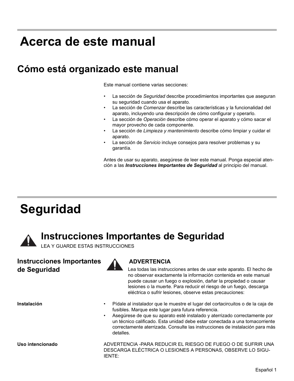 Acerca de este manual, Cómo está organizado este manual, Seguridad | Instrucciones importantes de seguridad, Instalación, Uso intencionado, Acerca de este manual seguridad | Bosch DKE96 User Manual | Page 23 / 32