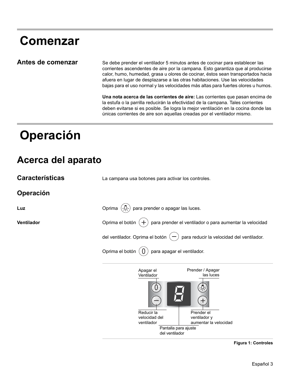 Comenzar, Antes de comenzar, Operación | Acerca del aparato, Características, Ventilador, Comenzar operación | Bosch DKE96 User Manual | Page 25 / 32