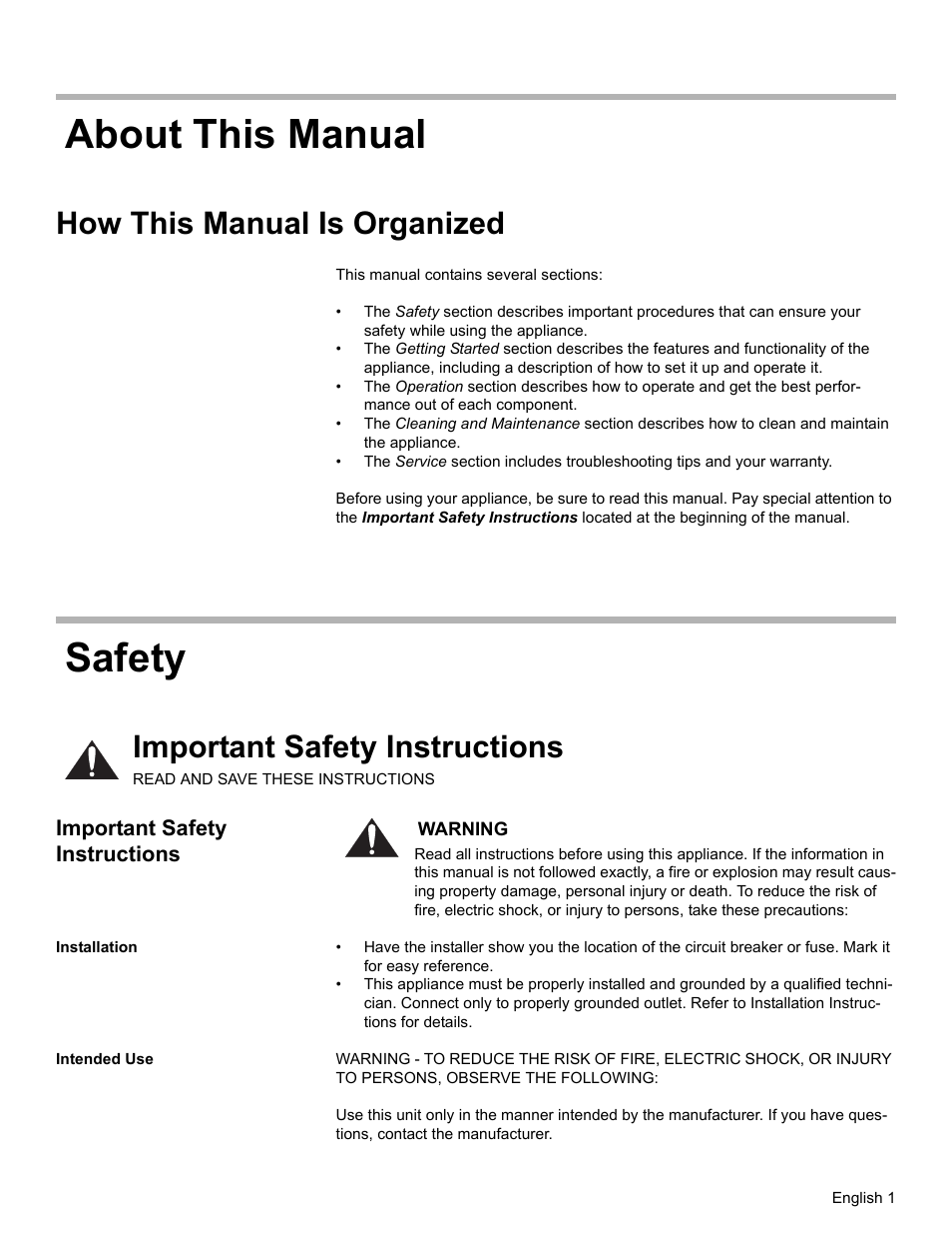 About this manual, How this manual is organized, Safety | Important safety instructions, Installation, Intended use, About this manual safety | Bosch DKE96 User Manual | Page 3 / 32