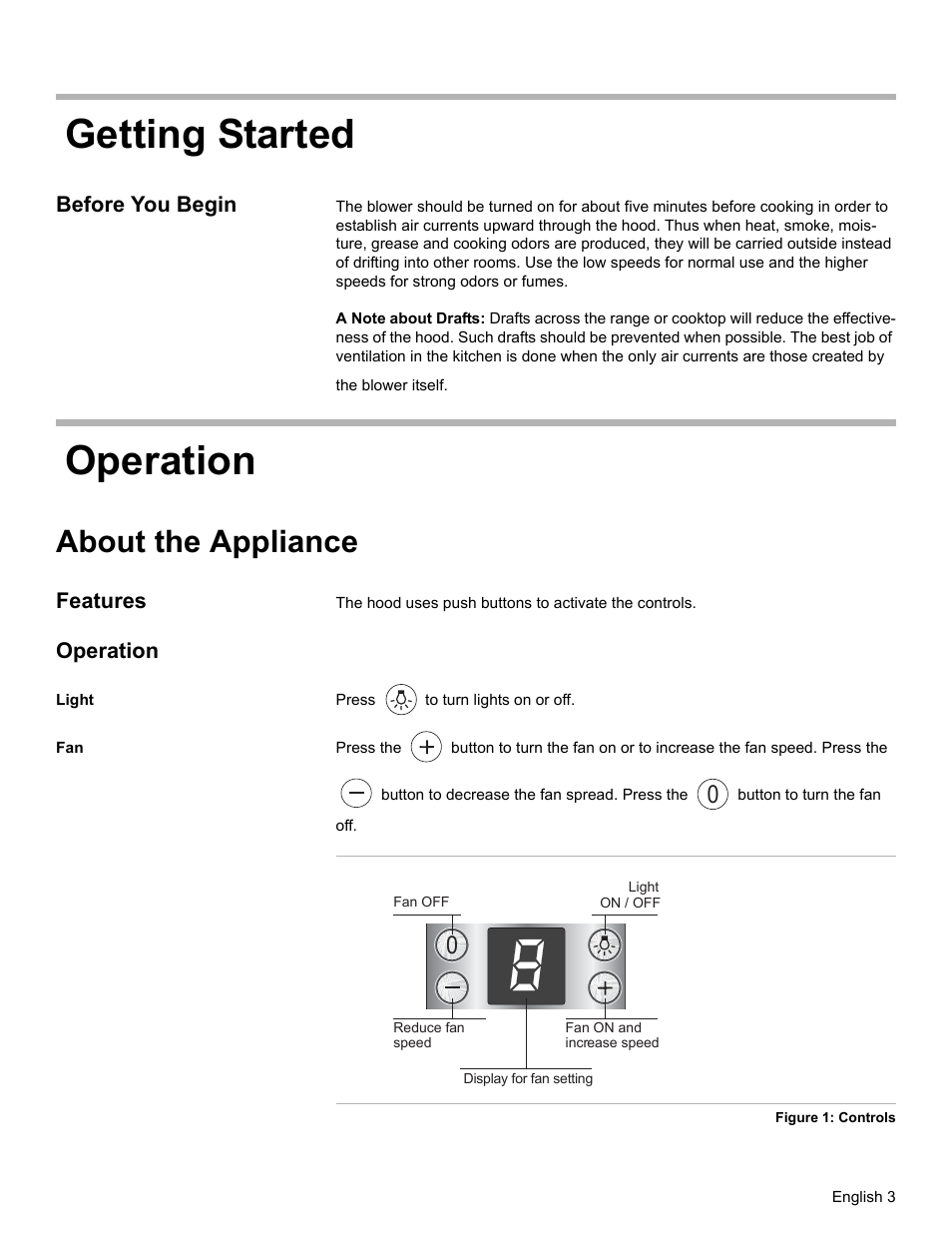 Getting started, Before you begin, Operation | About the appliance, Features, Light, Getting started operation | Bosch DKE96 User Manual | Page 5 / 32