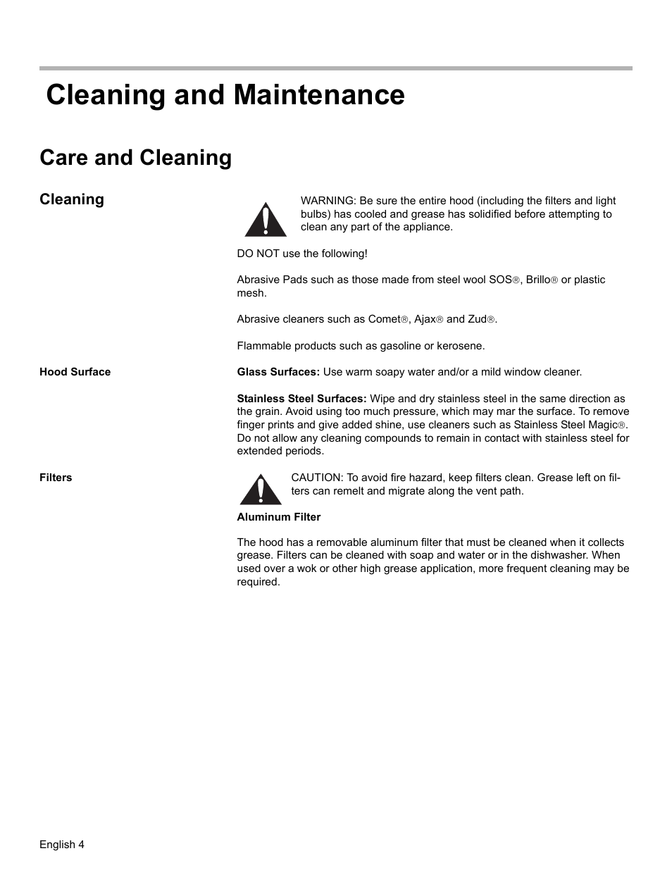 Cleaning and maintenance, Care and cleaning, Cleaning | Hood surface, Filters | Bosch DKE96 User Manual | Page 6 / 32