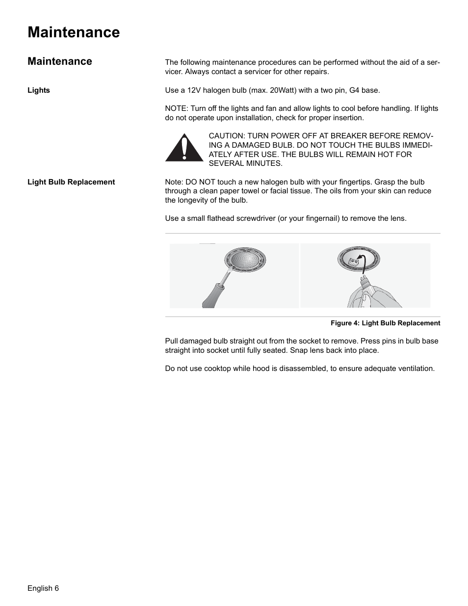 Maintenance, Lights, Light bulb replacement | Bosch DKE96 User Manual | Page 8 / 32