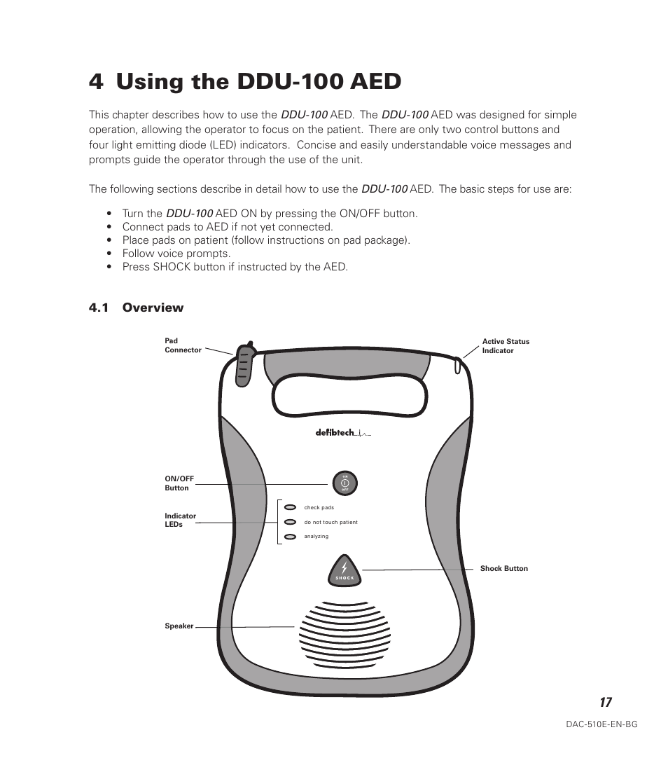 4 using the ddu-100 aed | Defibtech DDU-100 Series User Manual | Page 25 / 74