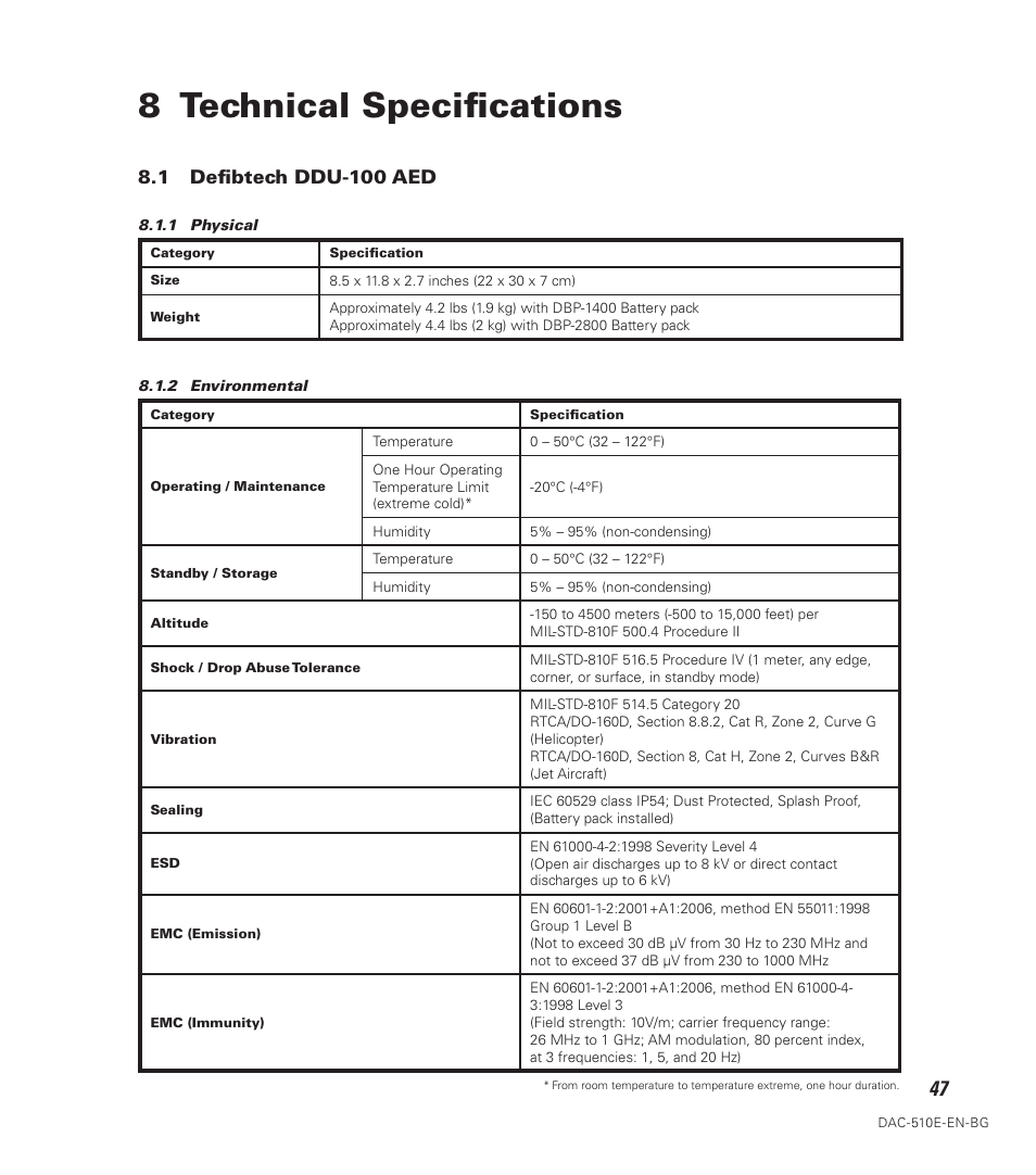 8 technical specifications, 1 defibtech ddu-100 aed | Defibtech DDU-100 Series User Manual | Page 55 / 74