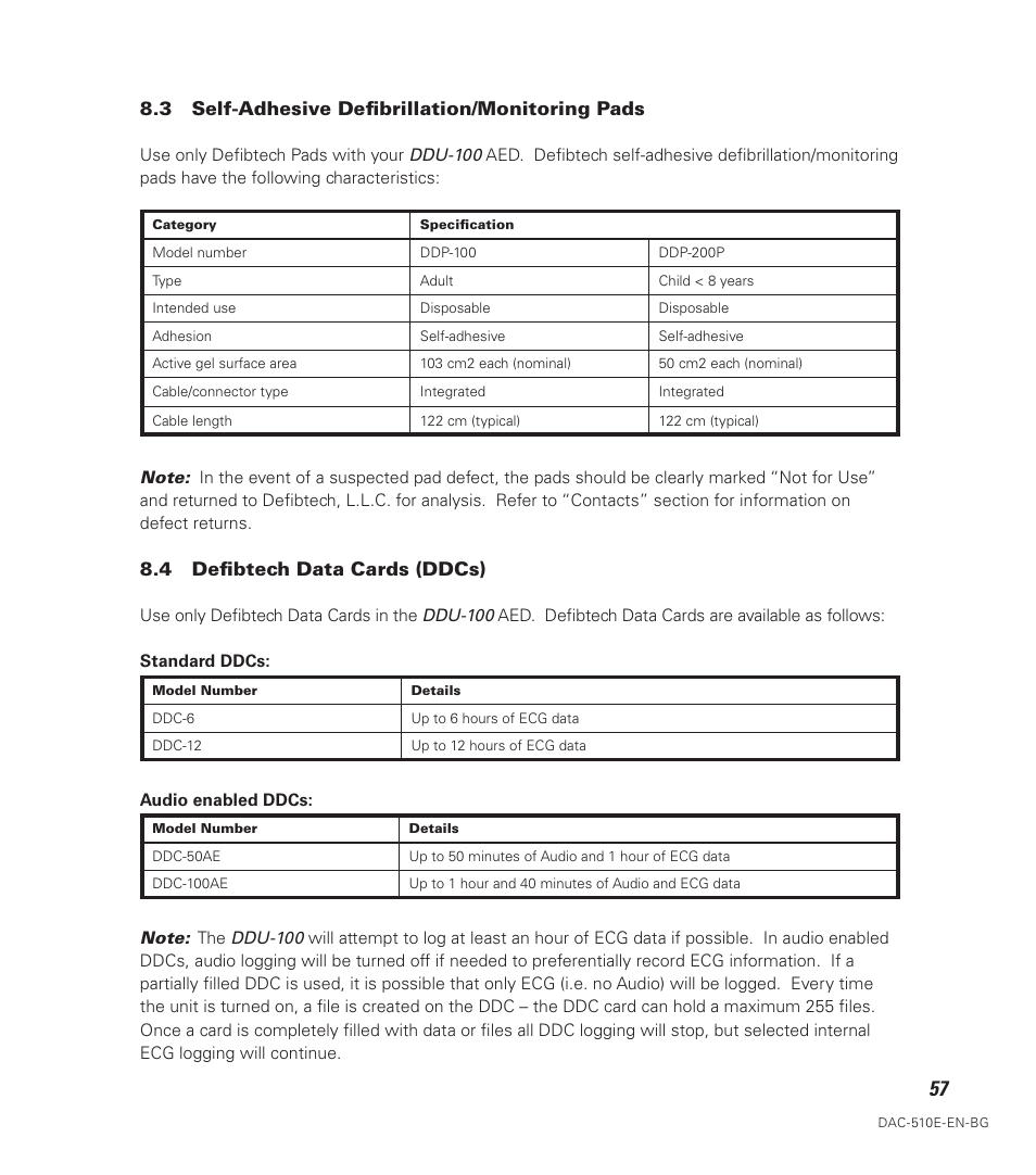 3 self-adhesive defibrillation/monitoring pads, 4 defibtech data cards (ddcs) | Defibtech DDU-100 Series User Manual | Page 65 / 74