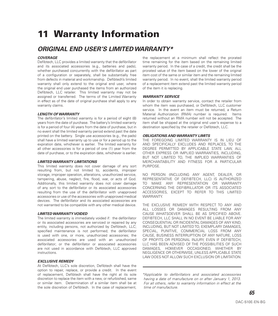 11 warranty information, Original end user’s limited warranty | Defibtech DDU-100 Series User Manual | Page 73 / 74