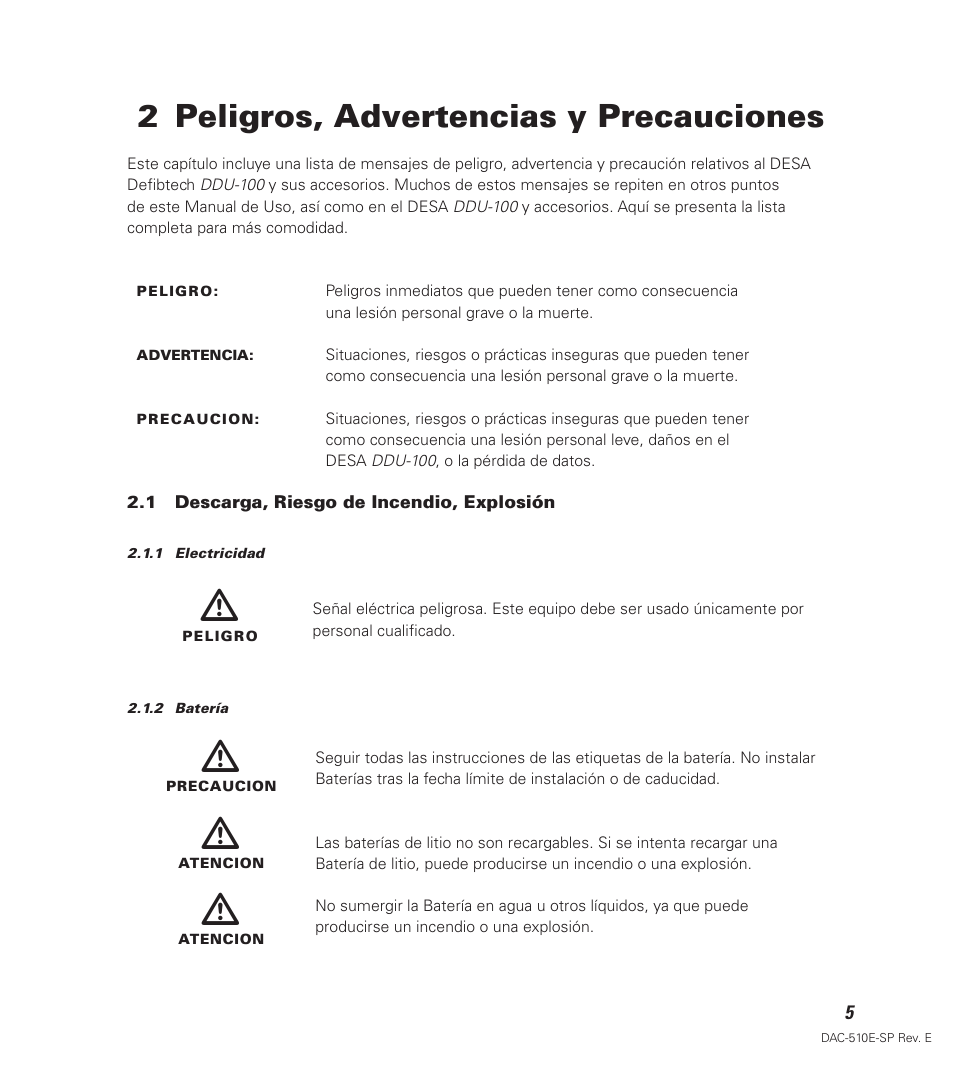 2 peligros, advertencias y precauciones | Defibtech DDU-100 Series User Manual | Page 13 / 65