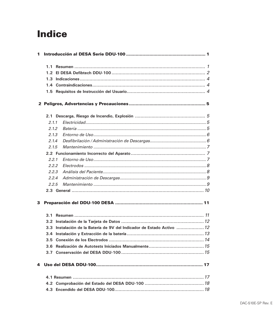 Indice | Defibtech DDU-100 Series User Manual | Page 5 / 65