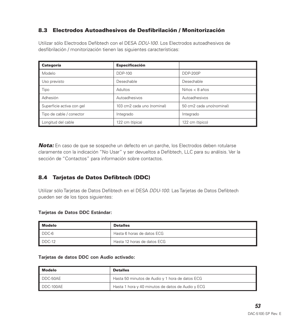 Nota, 4 tarjetas de datos defibtech (ddc) | Defibtech DDU-100 Series User Manual | Page 61 / 65