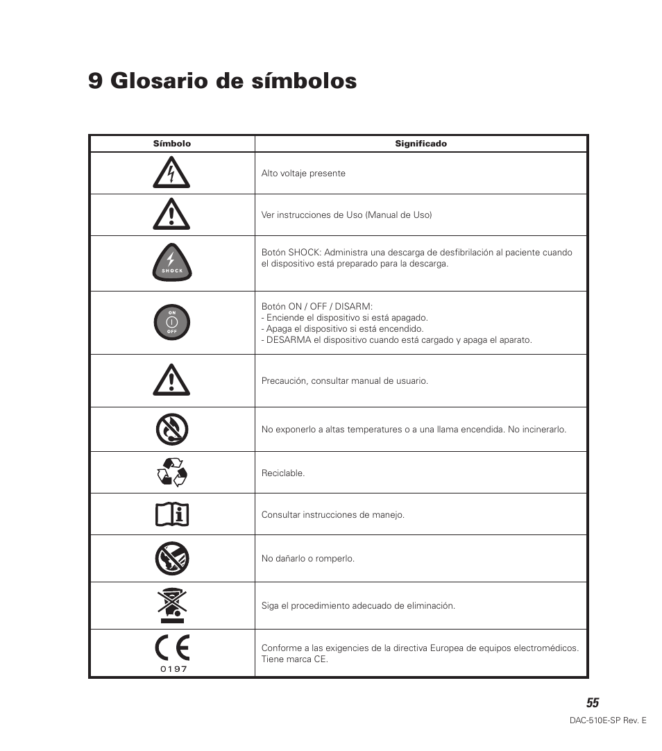 9 glosario de símbolos | Defibtech DDU-100 Series User Manual | Page 63 / 65