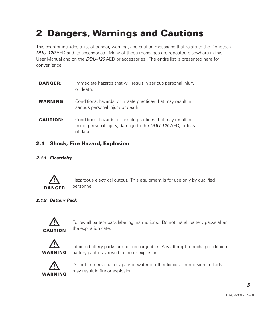 2 dangers, warnings and cautions | Defibtech DDU-120 Series User Manual | Page 13 / 72