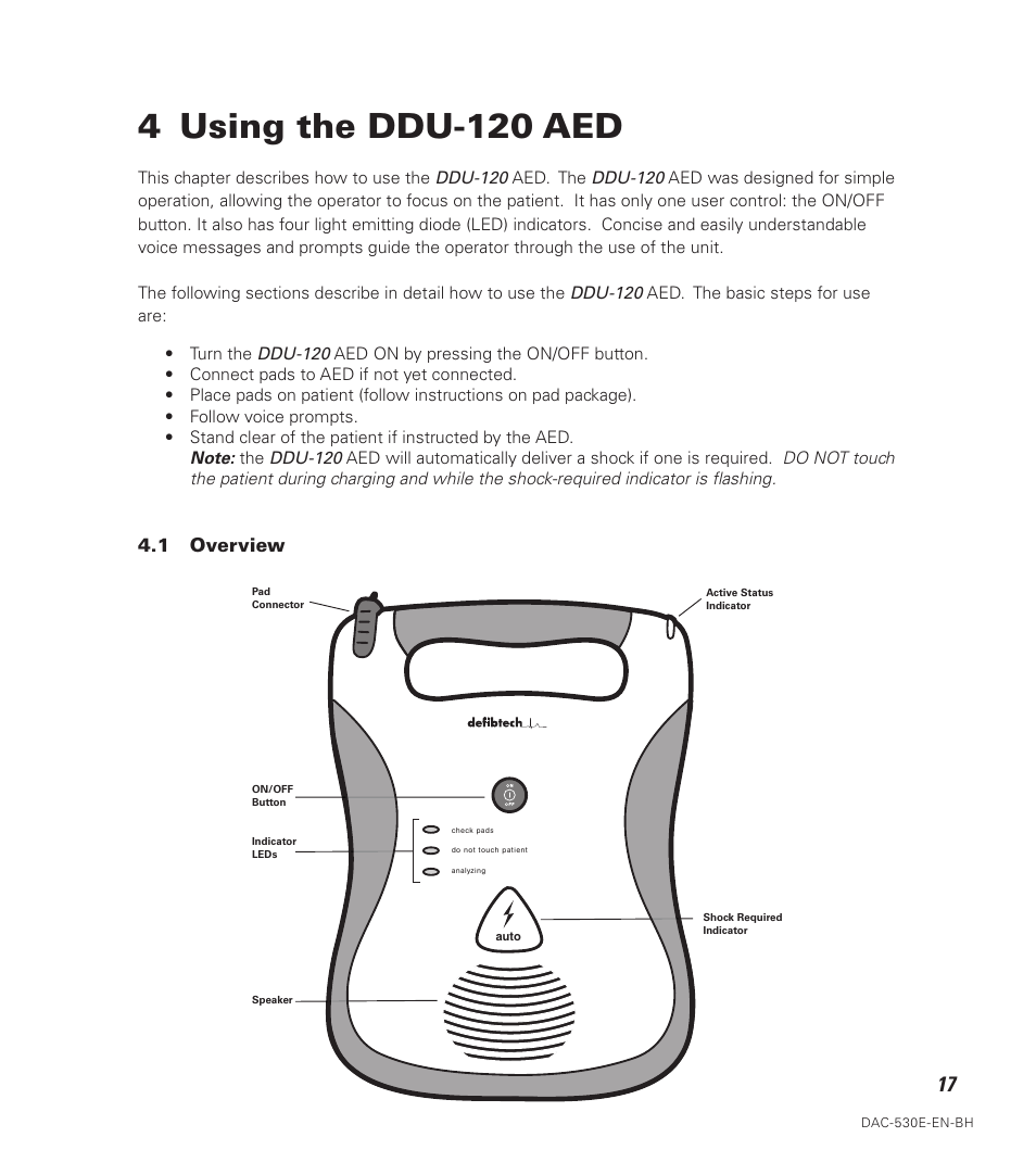 4 using the ddu-120 aed, 1 overview | Defibtech DDU-120 Series User Manual | Page 25 / 72