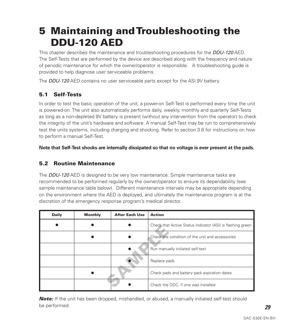 Sample, 5 maintaining and troubleshooting the ddu-120 aed | Defibtech DDU-120 Series User Manual | Page 37 / 72