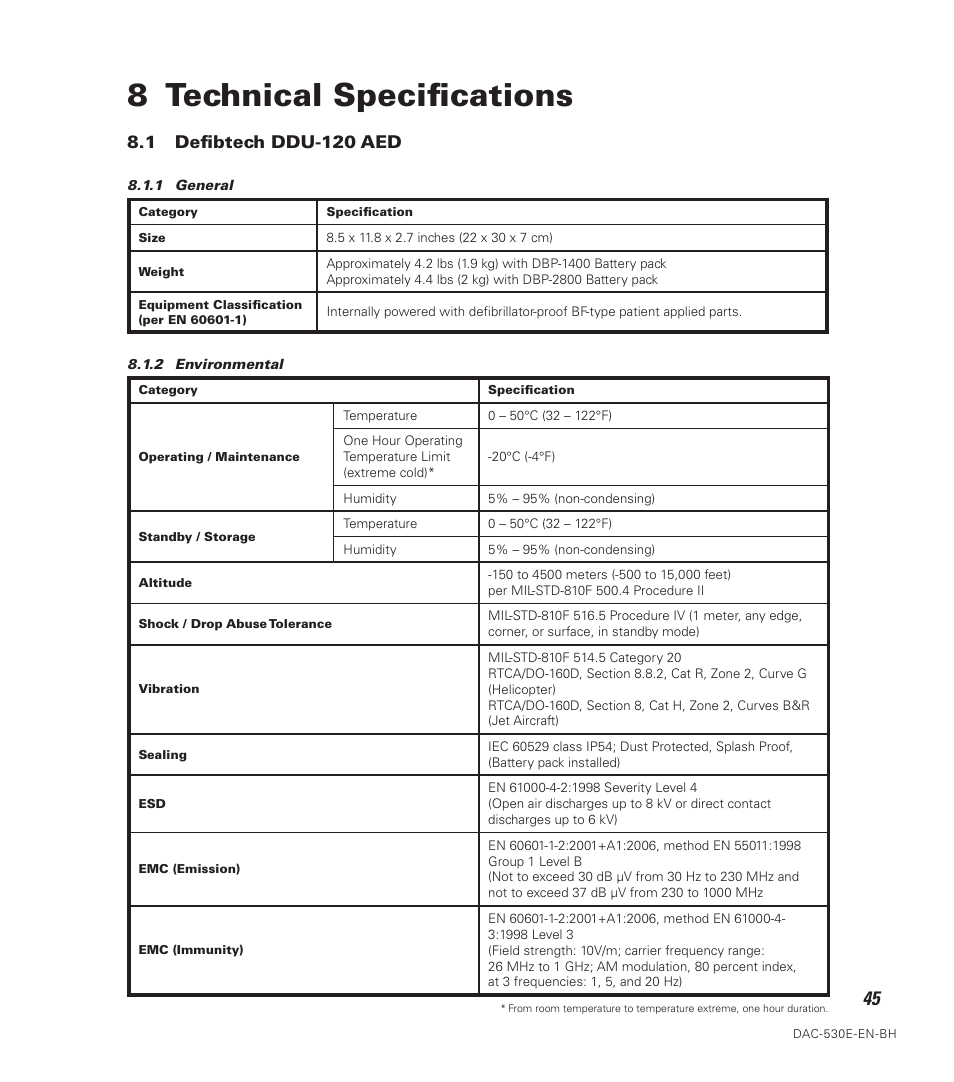 8 technical specifications, 1 defibtech ddu-120 aed | Defibtech DDU-120 Series User Manual | Page 53 / 72