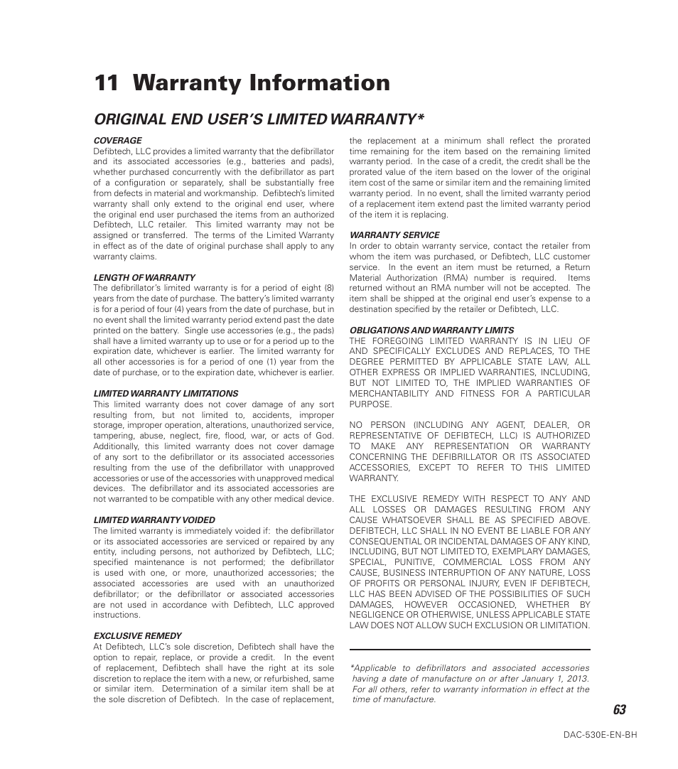 11 warranty information, Original end user’s limited warranty | Defibtech DDU-120 Series User Manual | Page 71 / 72