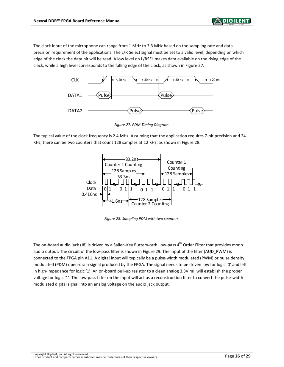 16 mono audio output, 2 microphone digital interface timing | Digilent 410-292P-KIT User Manual | Page 26 / 29