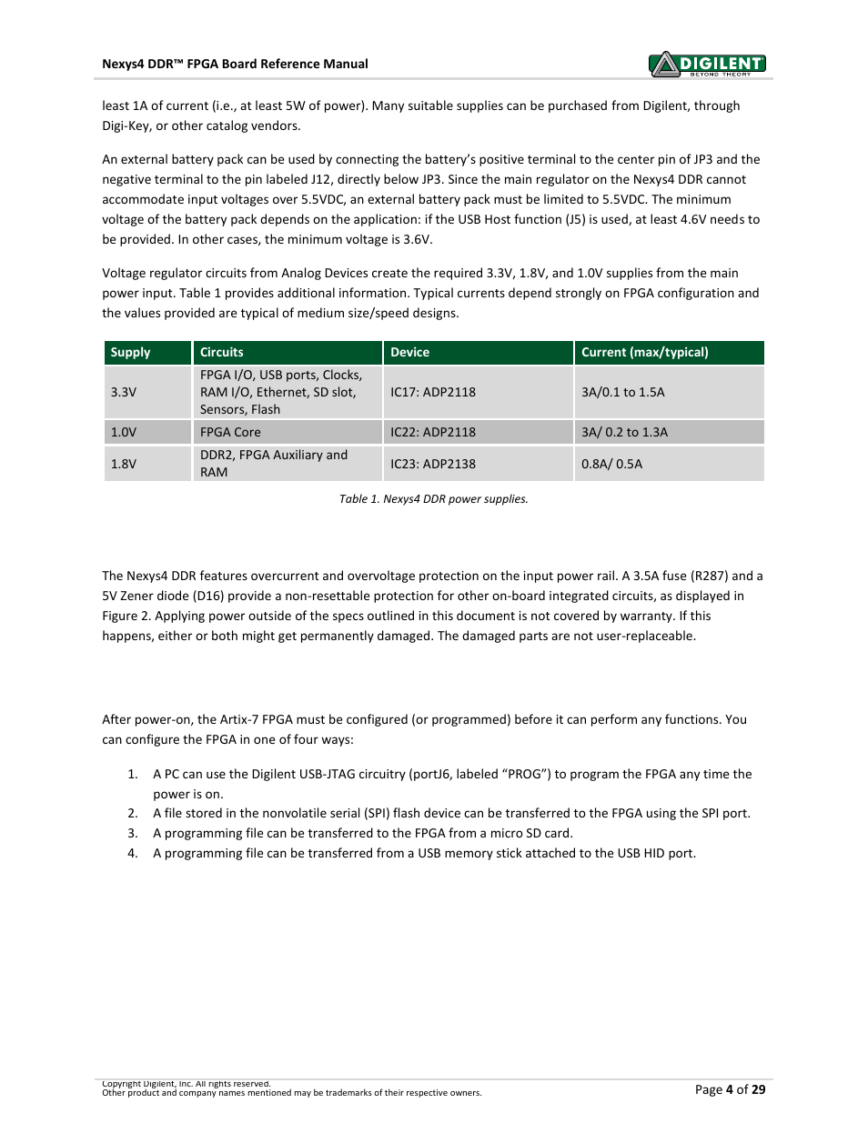 3fpga configuration, 1 power protection | Digilent 410-292P-KIT User Manual | Page 4 / 29