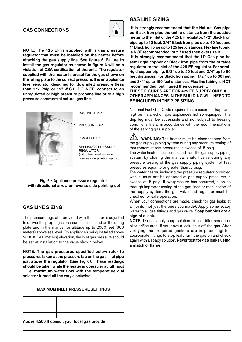 Gas line sizing, Gas connections | Bosch GWH 425 EF User Manual | Page 11 / 26