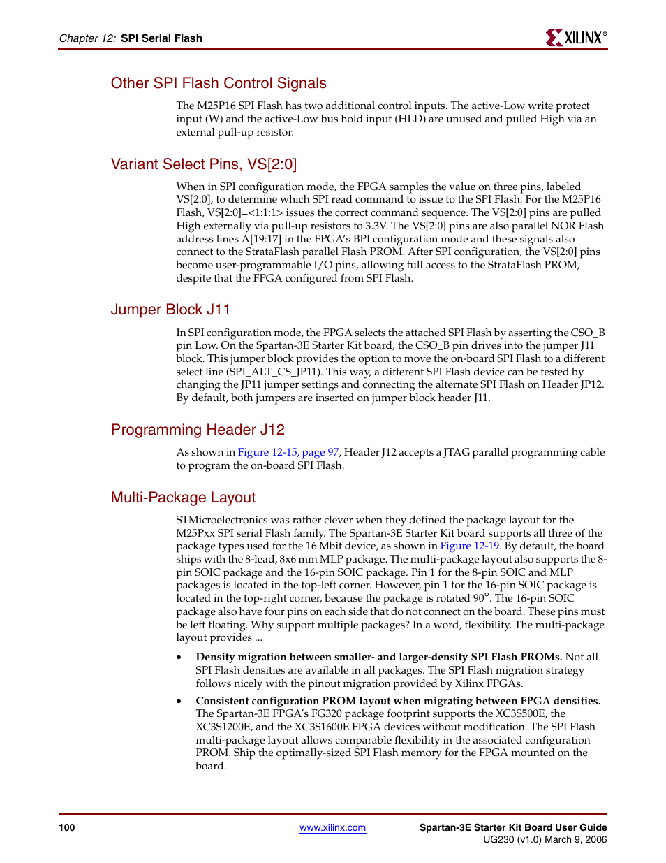 Other spi flash control signals, Variant select pins, vs[2:0, Jumper block j11 | Programming header j12, Multi-package layout | Digilent 410-087P-KIT User Manual | Page 100 / 164