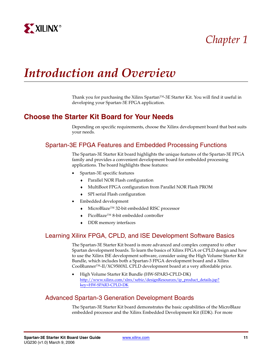 Introduction and overview, Choose the starter kit board for your needs, Advanced spartan-3 generation development boards | Chapter 1: introduction and overview, Chapter 1, “introduction and overview, Chapter 1 | Digilent 410-087P-KIT User Manual | Page 11 / 164